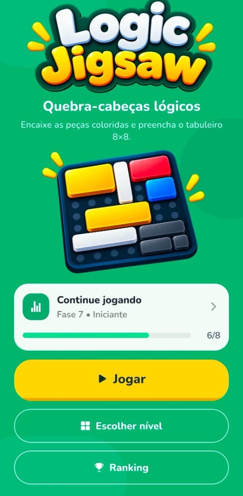 Tela inicial do Logic Jigsaw com o botão Jogar e o progresso da fase 7
