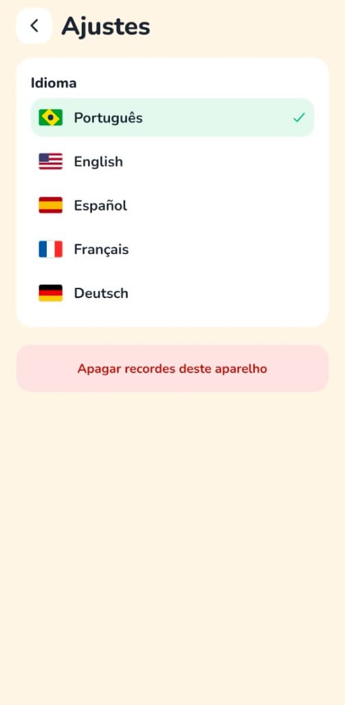 Ajustes do app com Português selecionado entre cinco idiomas