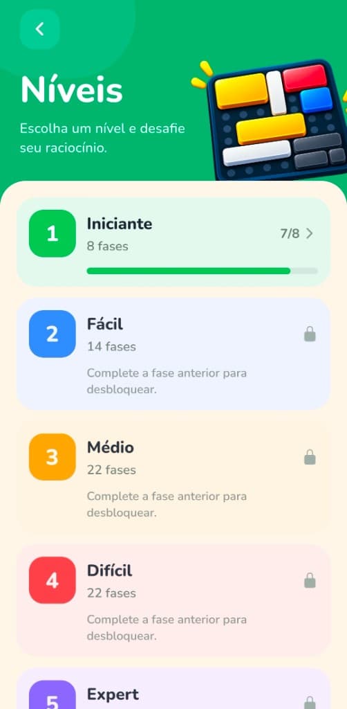 Lista de níveis do Iniciante ao Expert, com o nível fácil ainda bloqueado