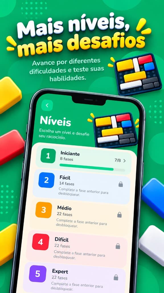 Arte do Logic Jigsaw com o celular na lista de níveis de dificuldade