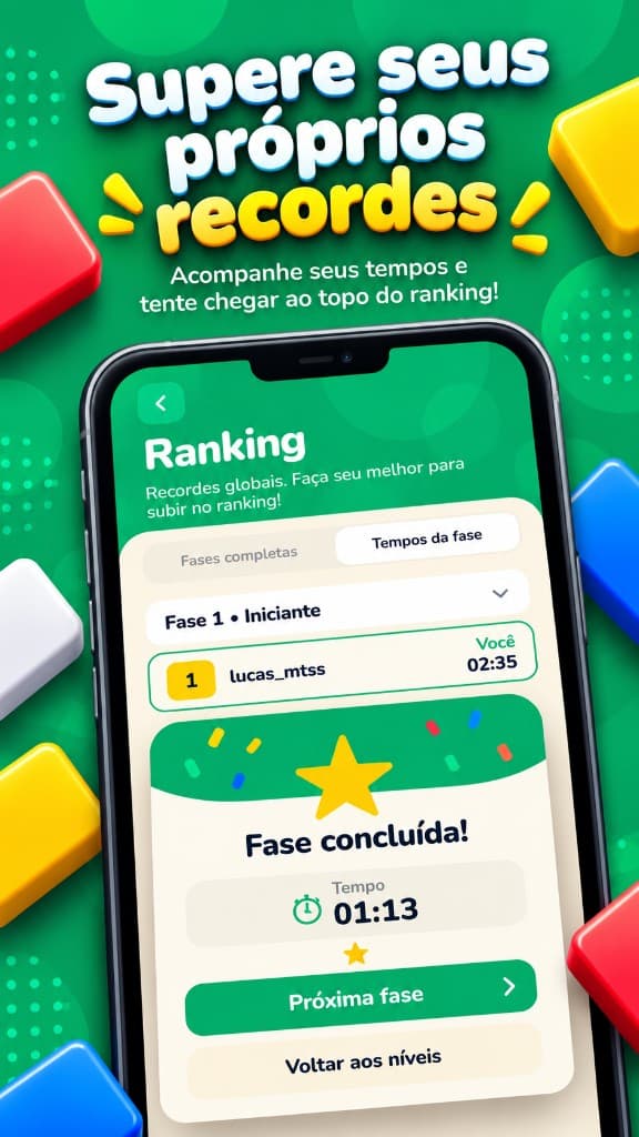 Arte do Logic Jigsaw com o celular mostrando o ranking e a fase concluída