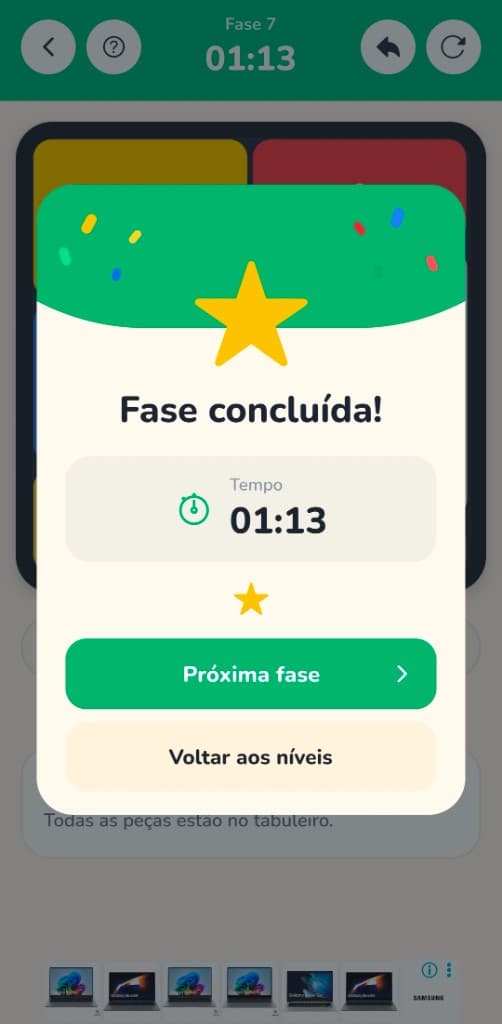 Modal de fase concluída com o tempo 1 minuto e 13 segundos